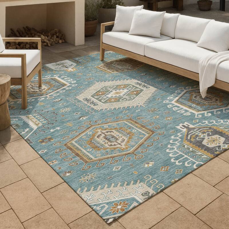 Machine Washable Indoor/ Outdoor Global Akron Chantille Rug - Teal - 9' x 12'