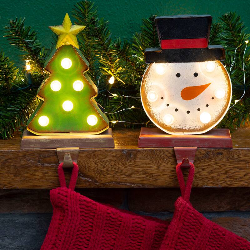 Glitzhome Marquee LED Cartoon Tree Snowman Christmas Stocking Holders Mantel Ornament