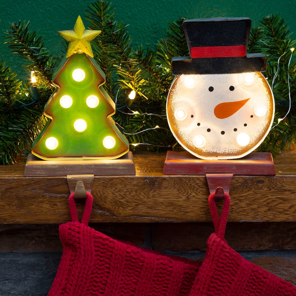 Glitzhome Marquee LED Cartoon Tree Snowman Christmas Stocking Holders Mantel Ornament