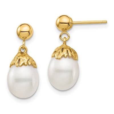 Curata 14k Yellow Gold 7-8mm White Rice Freshwater Cultured Pearl Dangle Post Earrings (17.51mm)
