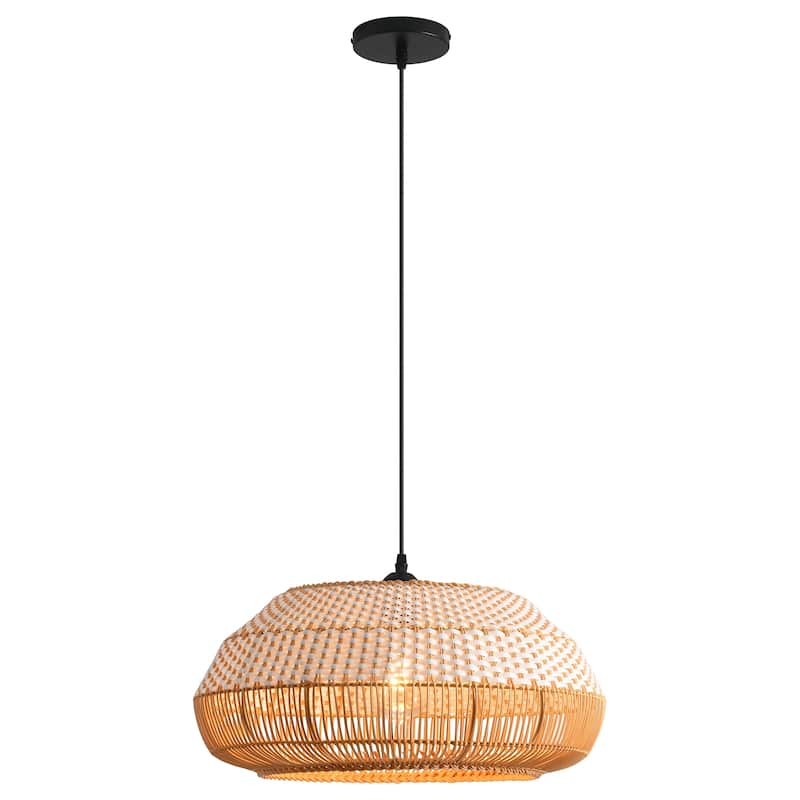 18.9" Boho White Hand Woven Rattan Caged Pendant Light for Kitchen Island, Dining Room and Living Room