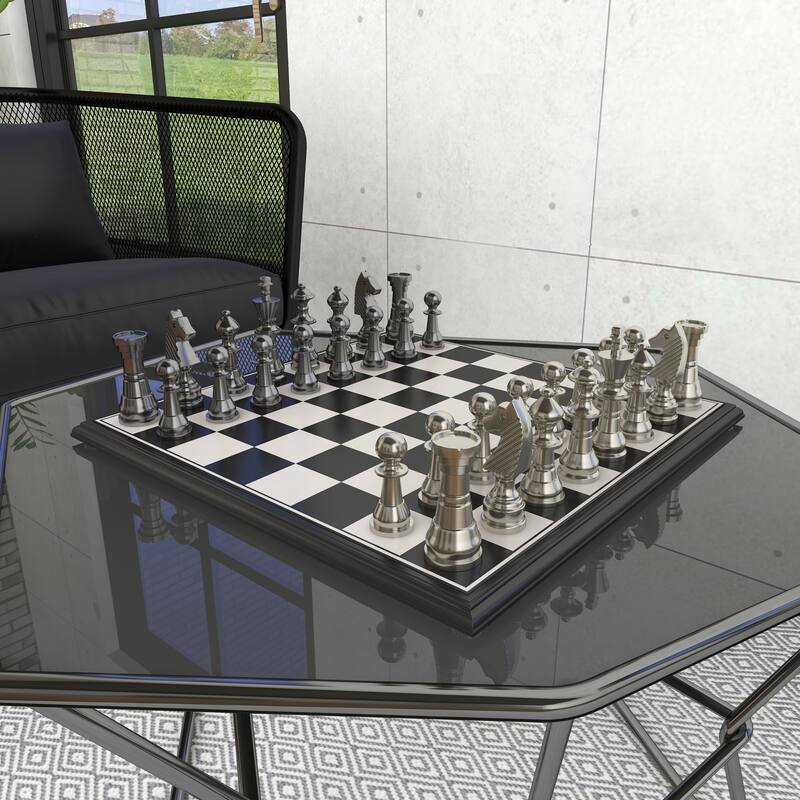 Aluminum Metal Chess Game Set with Black and Silver Pieces - Silver - Roche River Decor