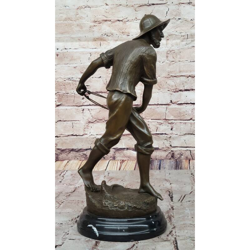 Bronze Imitative Fisherman With Net – Nautical-Themed Sculpture On Marble Base