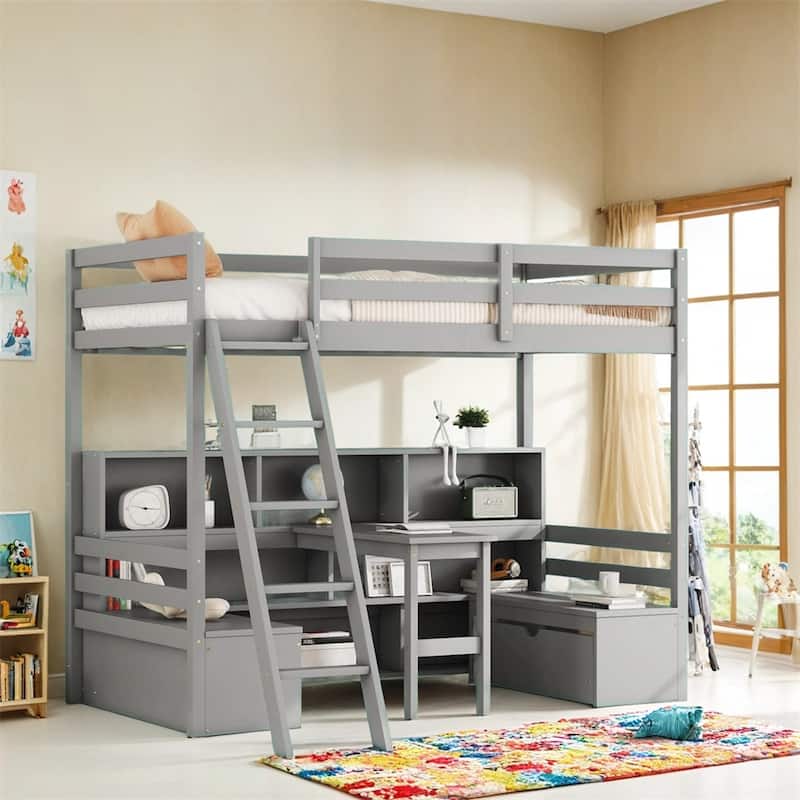 Twin Loft Bed With Storage Shelves,Drawers,Seat And Desk