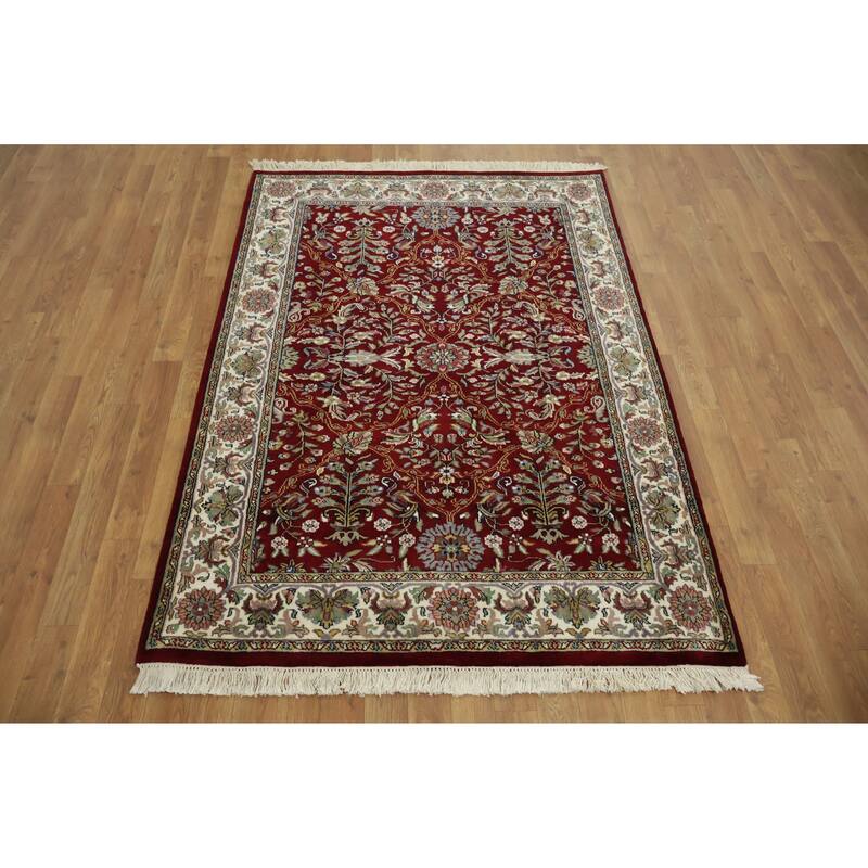 Hand Knotted Oriental 100% Wool Carpet Traditional All-Over Red Agra Area Rug - 5' 9'' X 4' 0''