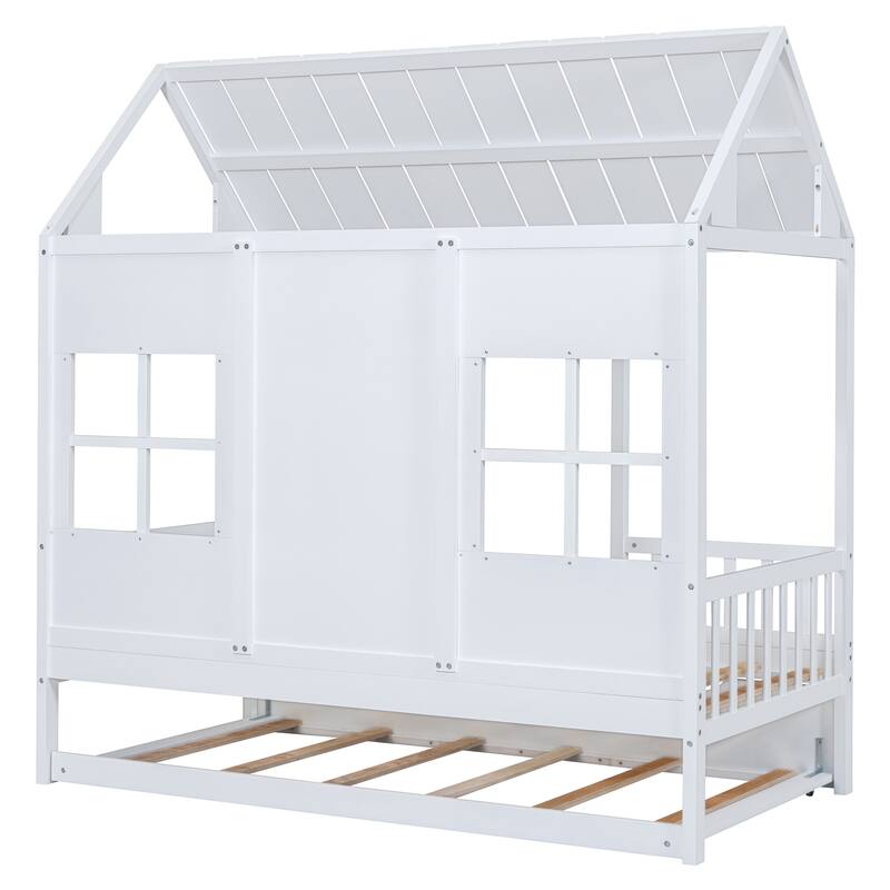 House Platform Bed With Twin Trundle, Wooden Daybed Frame with Rails, Roof and Windows, for Kids Girls Boys