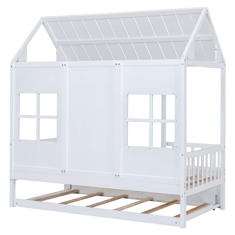 Twin House Bed with Trundle and Playhouse Design, 400lb Capacity, Solid Wood Frame