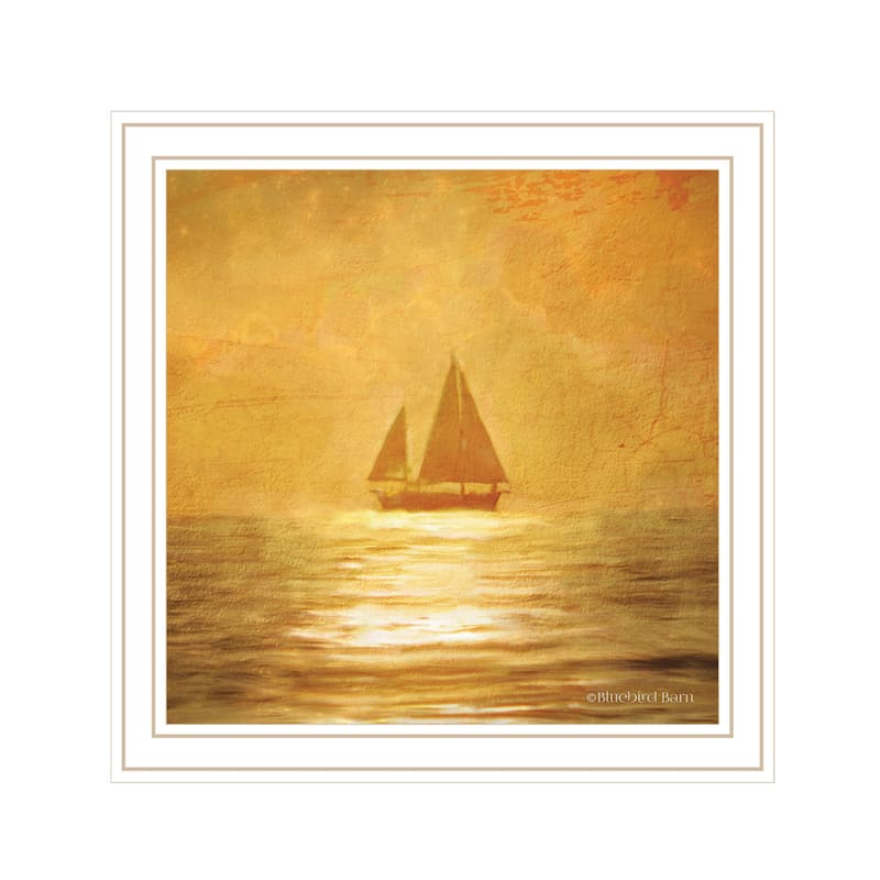 TrendyDecor4U Contemporary "Solo Gold Sunset Sailboat" Framed Print Wall Art - White