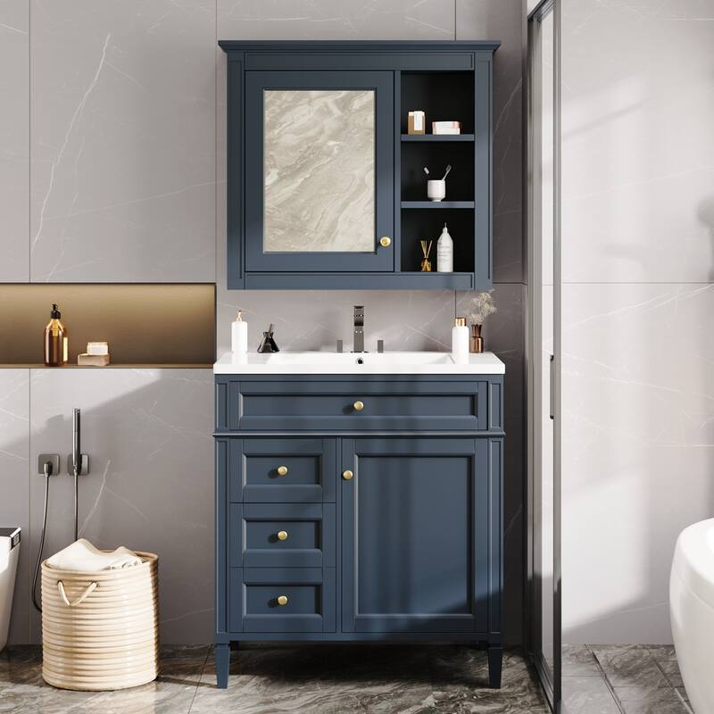 GDFStudio - Ravensden Modern Freestanding Bathroom Vanity Set with Ceramic Sink and Mirror Cabinet with a Tip-out Drawer - 30'W