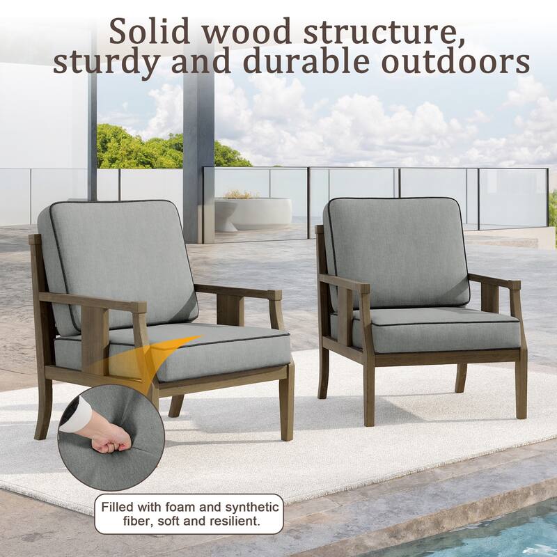 Set of 2 Outdoor Teak Wood Armchairs with Cushions, Patio Club Chairs
