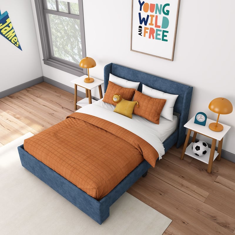 Max and Lily Full-Size Upholstered Bed with Rectangular Headboard - Blue