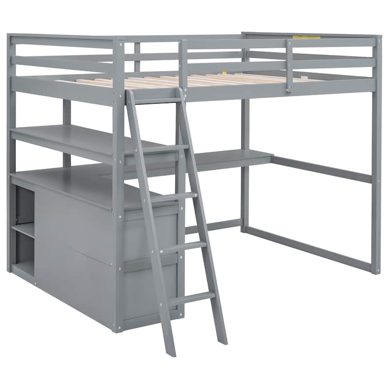 Loft Bed with Desk and Shelves, 2 Built-In Drawers