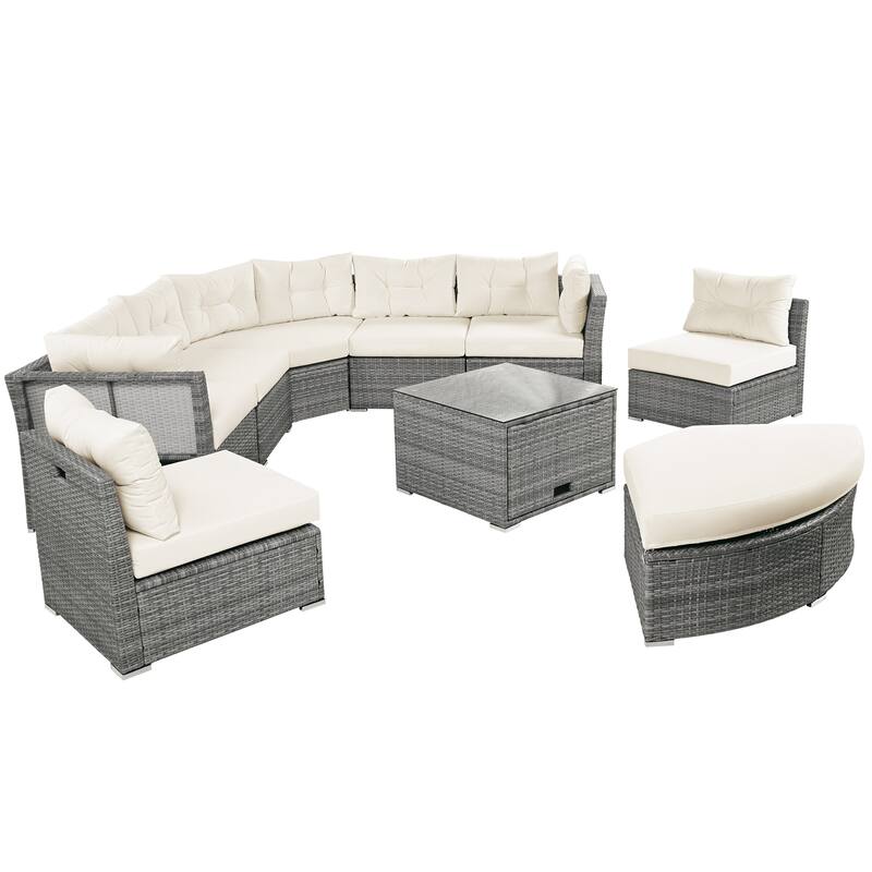 Outdoor Patio Rattan Sectional Set w/ Cushions & Table, Daybed Seating - Beige