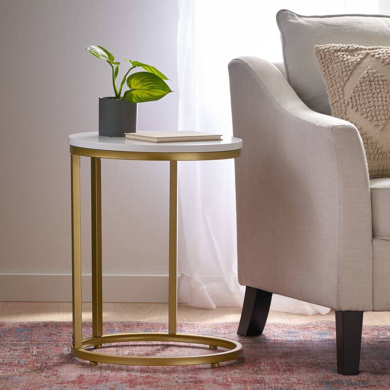 Roomfitters Round End Table with Metal Frame, Modern Accent Side Table for Living Room or Bedroom, Gold + White