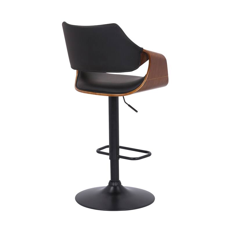 Black Leather and Walnut Wood and Black Swivel Adjustable Bar Stool