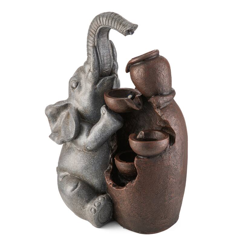 Glitzhome 4-Tiered Dogs or Elephant and Pot Polyresin Outdoor Fountain with Pump and LED Light