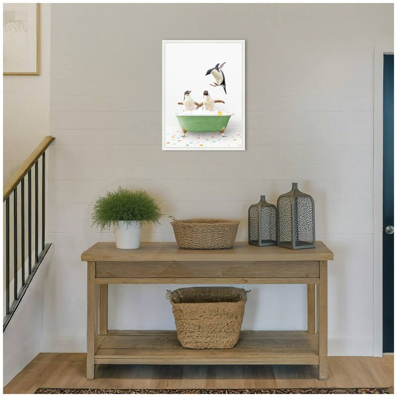 Kate and Laurel Sylvie Penguins in Green Bathtub on Colored Tile Framed Canvas by Amy Peterson