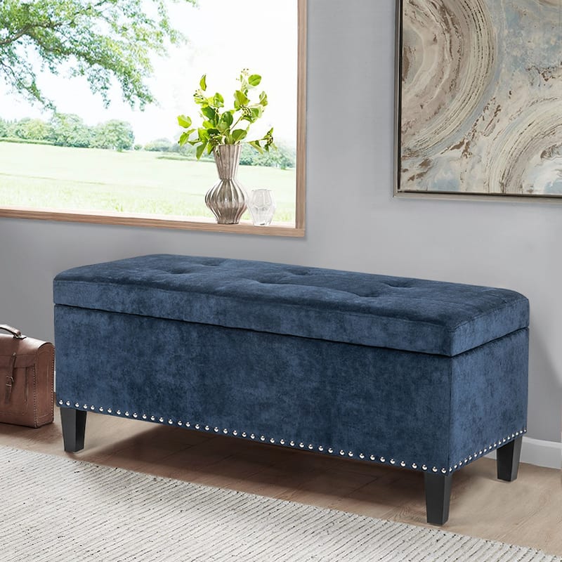 Adeco Storage Ottoman Bench 41" Tufted Fabric Footrest - Dark-Royal-Blue
