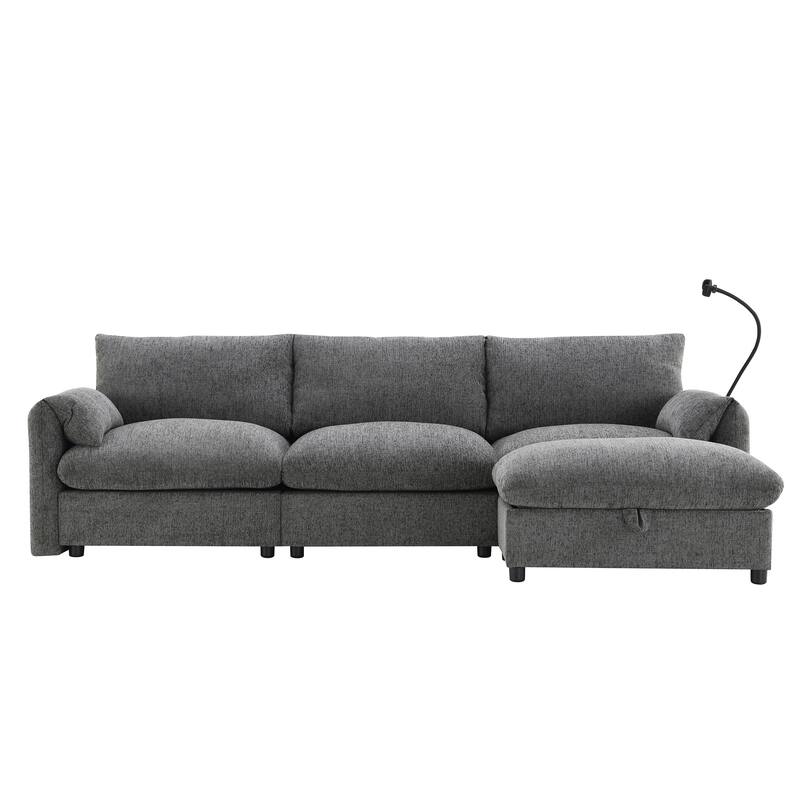 L Shaped Chenille Sectional Sofa with Storage Ottoman, Pockets, USB
