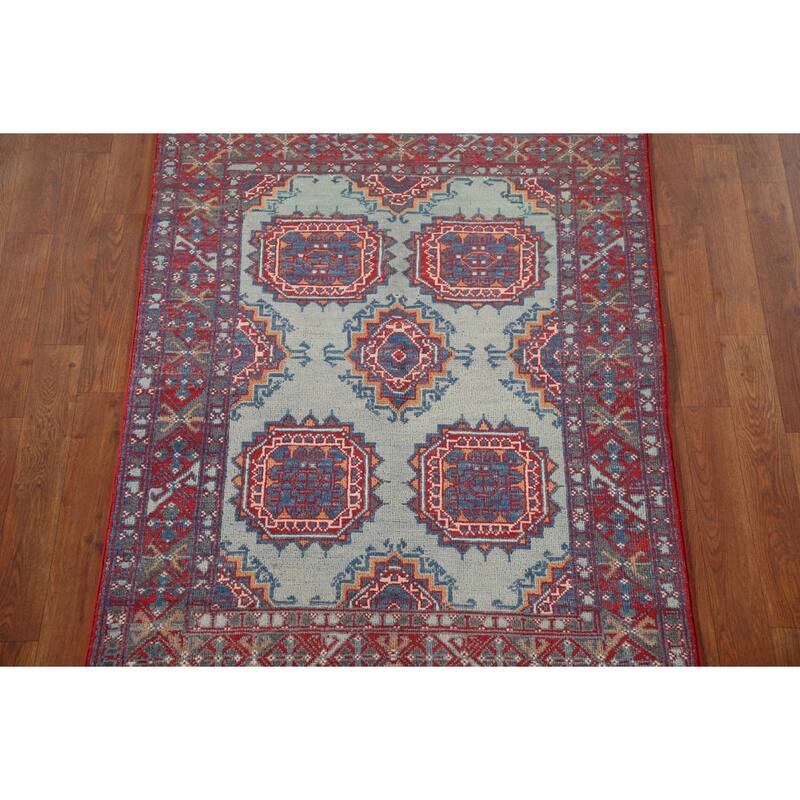 Geometric Kazak Accent Rug Hand-Knotted Blue Wool Carpet - 3'1"x 4'9"