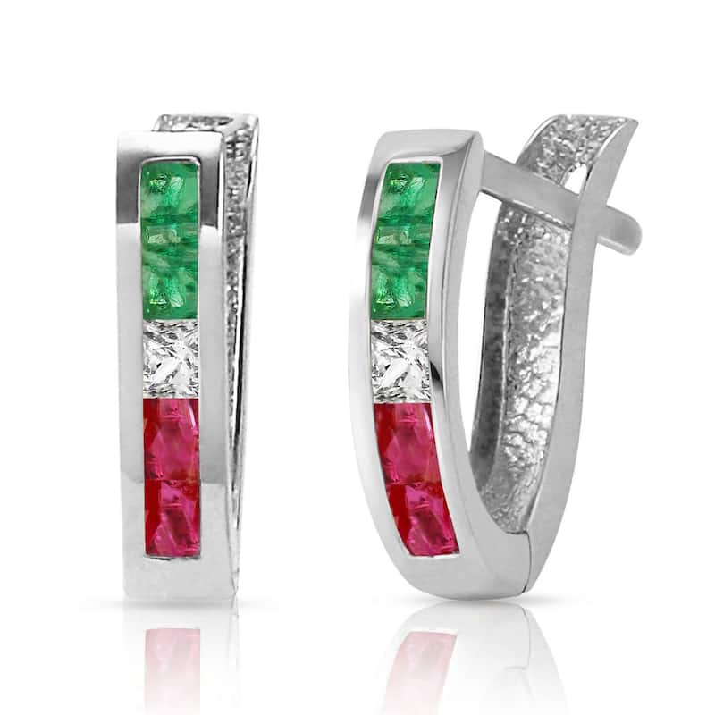1.28 Carat 14K Solid Gold Tri Gem Oval Hoop Gemstone Earrings - White