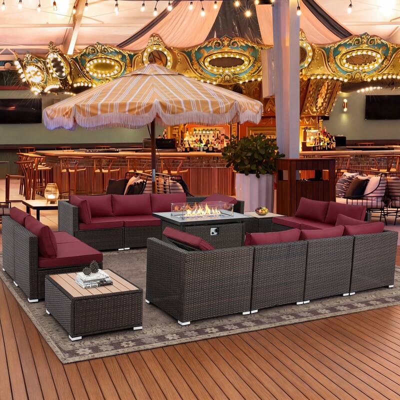 12-Person Patio Conversation Set with Fire Pit Table, All-Weather Wicker Outdoor Furniture