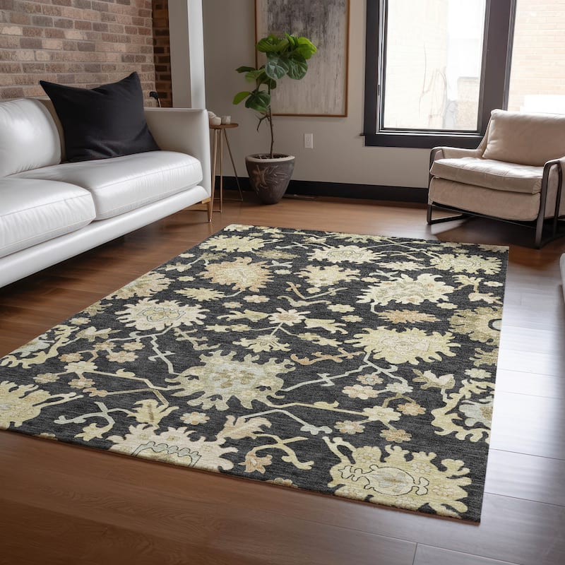 Machine Washable Indoor/ Outdoor Traditional Casual Chantille Rug - Black - 9' x 12'