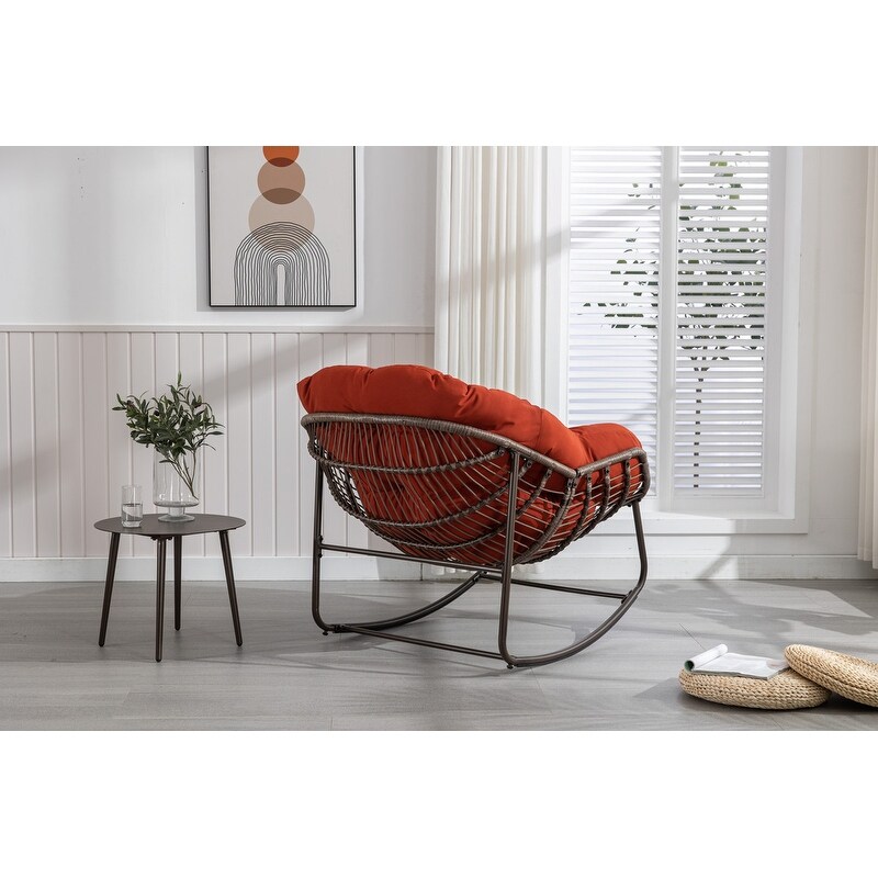 Outdoor Rattan Rocking Chair Padded Cushion Rocker Recliner Chair Outdoor for Front Porch Living Room Patio Garden Beige