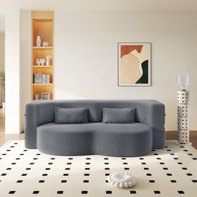 Modern Floor Sofa with 2 Pillows,Convertible Teddy Fabric Foam-Filled Sleeper Sofa Bed