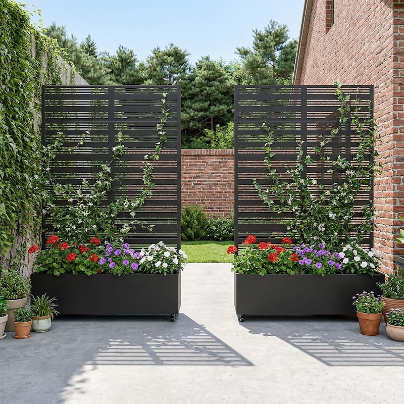 Metal Galvanized Planter Box with Trellis Privacy Screen Lockable Wheels Set of 2 - 72"x47"
