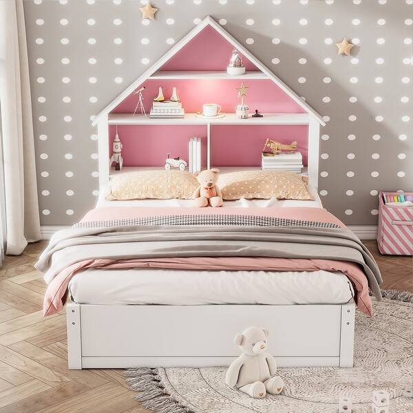 slide 2 of 9, Wooden LED Bed with House Shaped Bookcase Headboard and Twin Size Trundle,Full Size Bed Frame White+Pink - Full