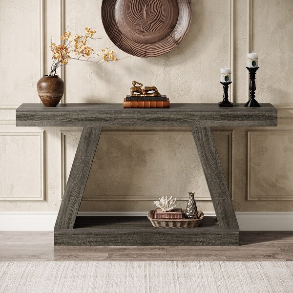 Waterproof 2-Tier Entryway Console Table, Farmhouse, Brown Wood
