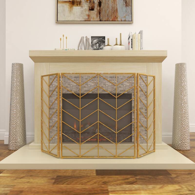 Gold Metal Foldable Mesh Netting 3 Panel Geometric Fireplace Screen with Chevron Pattern