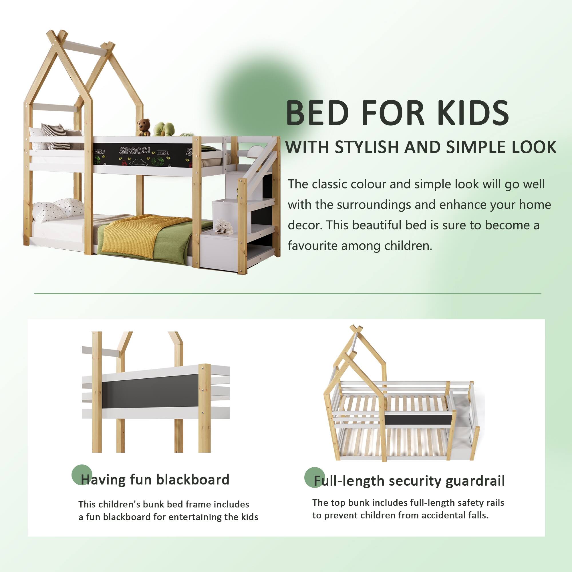 Twin over Twin House Bunk Bed Low Loft Bed Wood Slat Support with