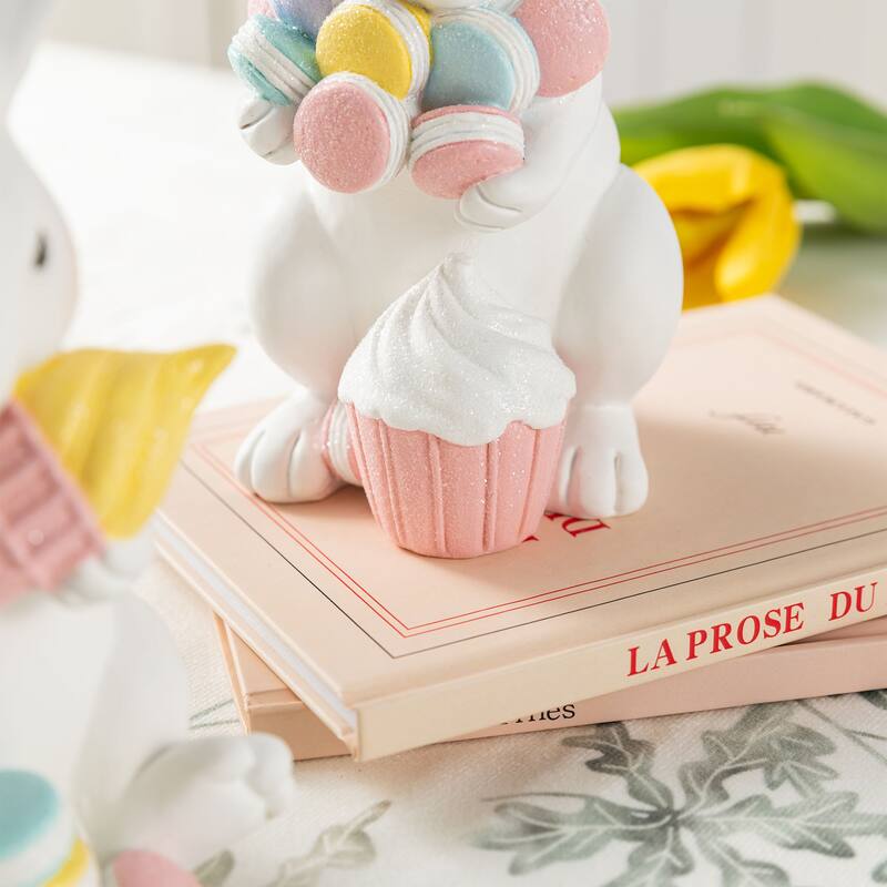 Glitzhome Easter Resin Bunny Holding Macaron Table Decor Stacked Rabbit Figurine
