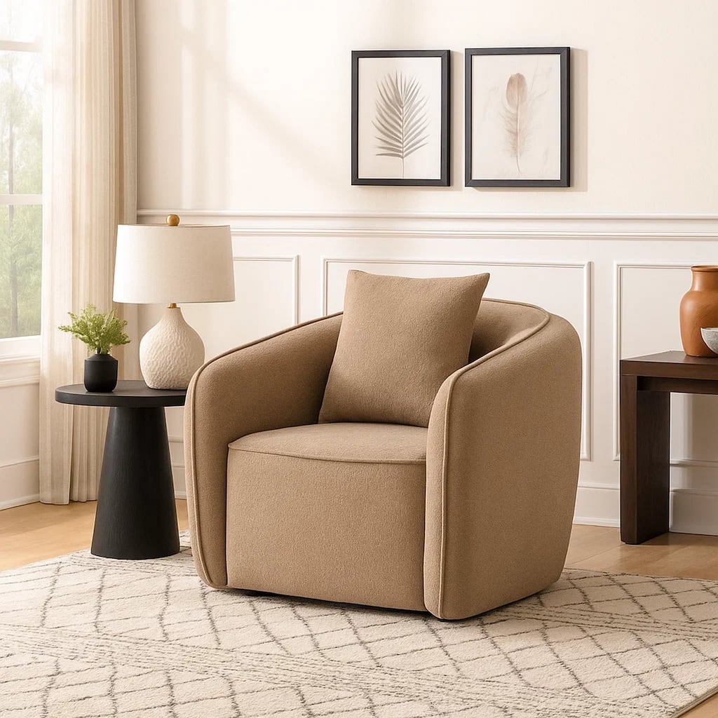 Keina Accent Chair, Modern Rounded Back, Brown Chenille, 1 Back Pillow