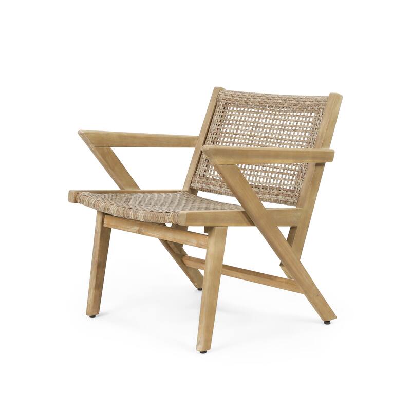 Set of 2 Transitional Outdoor Club Chairs w/ Acacia Wood Frames & Woven Wicker Finish for Patio, Balcony, Backyard