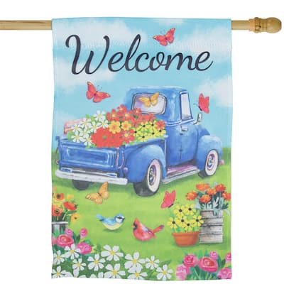 Welcome Pickup Truck with Flowers Outdoor House Flag 28" x 40"
