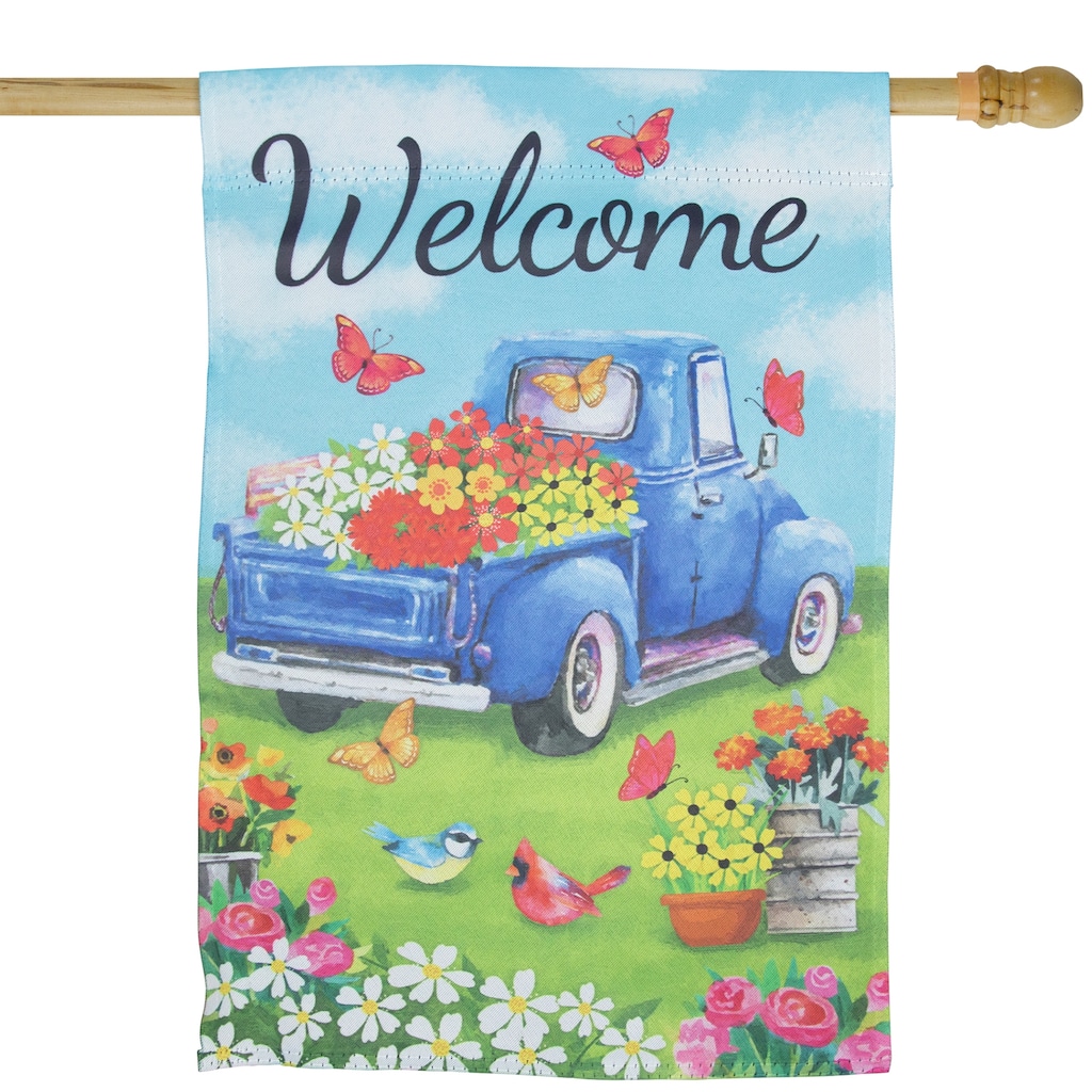 Welcome Pickup Truck with Flowers Outdoor House Flag 28" x 40"