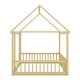 preview thumbnail 12 of 11, Natural Full Size Pine Wood Floor Wooden Bed with House Roof Frame and Safety Guardrails