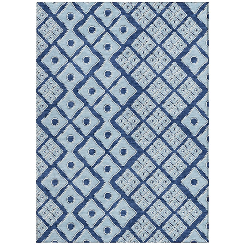 Navy Blue And Light Blue Geometric Washable Indoor Outdoor Area Rug - 8' X 10'