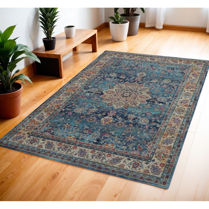 Fejac Power Loomed Distressed Floral Traditional Stain Resistant Area Rug By HomeRoots - 72' X '48' X '0.5 - Cream/Onyx - Rectangle
