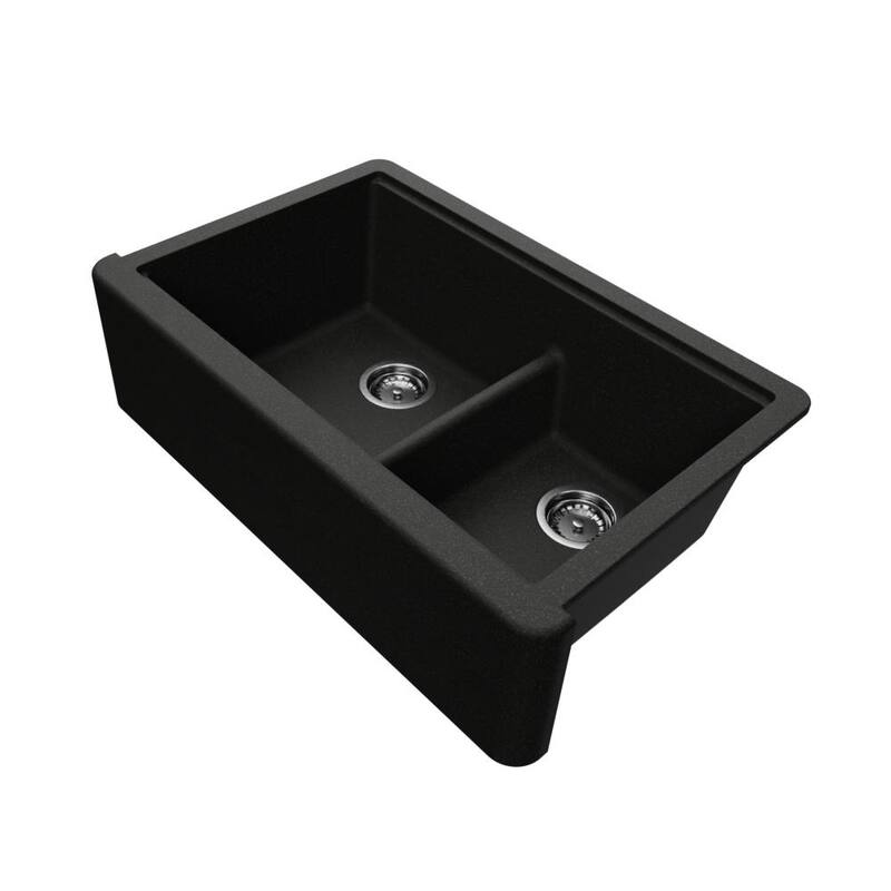 Self-Trimming Quartz Composite 33" Farmhouse Double Bowl Kitchen Sink - Black