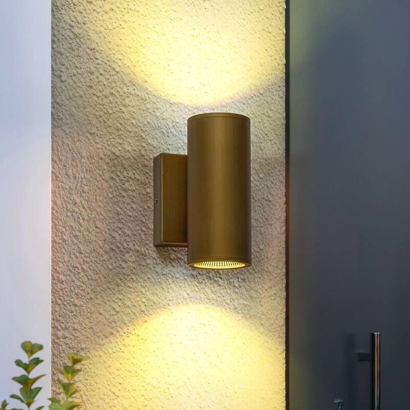 2 - Light Modern Industrial LED Outdoor Wall Sconce - 7 in. H - Gold/RGB