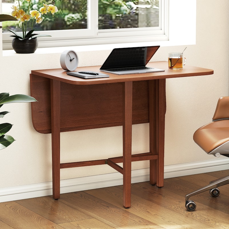 Foldable Dining Table with Drop Leaf Natural and Walnut Rubber Wood Convertible Kitchen Table for Small Spaces