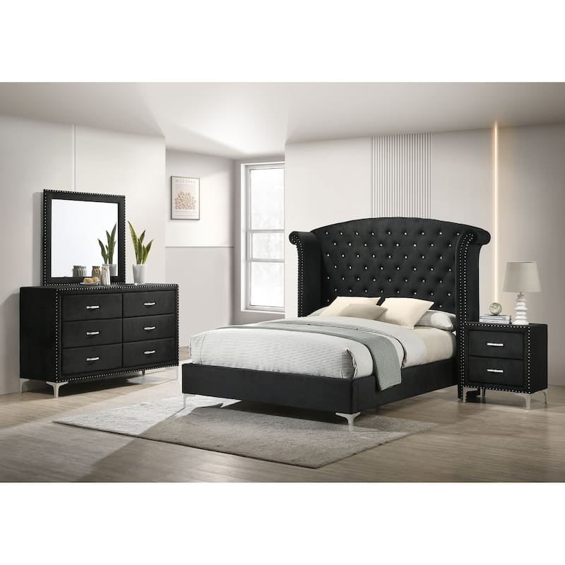 1pc Glam Style Two Drawers Nightstand Fabric Upholstered Nailhead Tufted Tempered Glass Wood Metal Fabric Bedroom Furniture