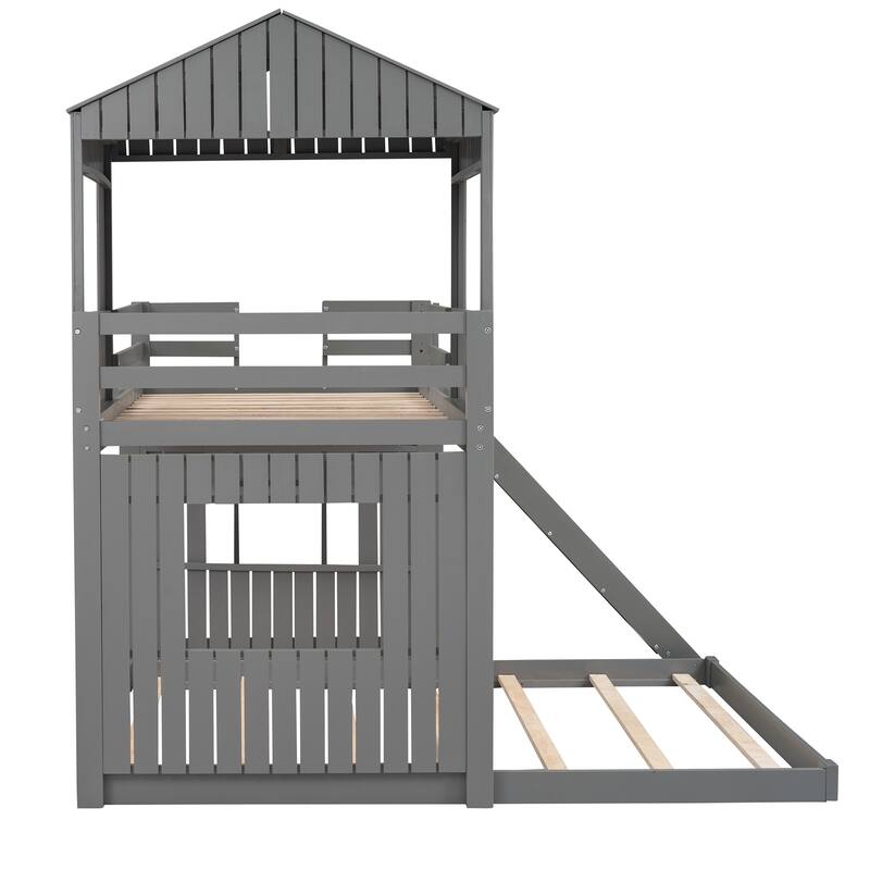 Wooden Bunk Bed, Loft Bed with Playhouse, Farmhouse, Ladder, Slide and Guardrails