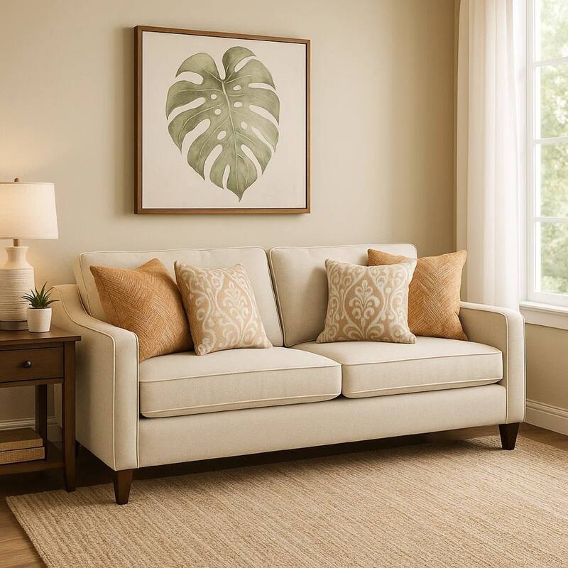Leo 79 Inch Modern Sofa, 4 Accent Pillows, Soft Chenille Fabric, Beige