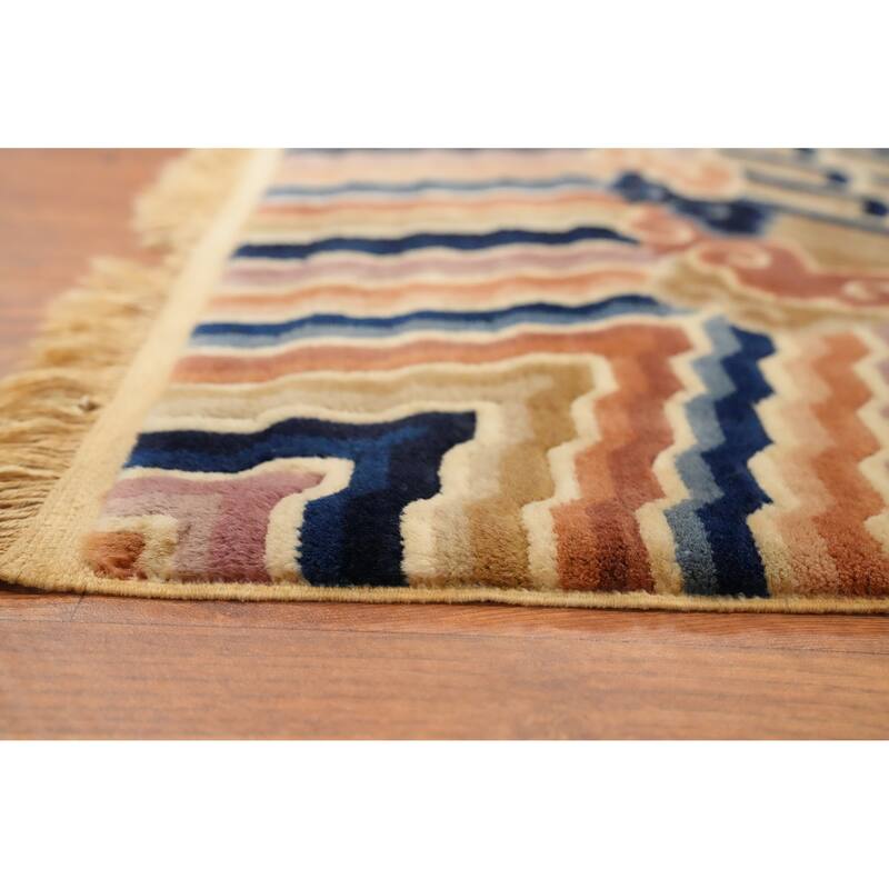 Hand Knotted Oriental 100% Wool Carpet Traditional Geometric Pink Art Deco Area Rug - 11' 1'' X 8' 0''