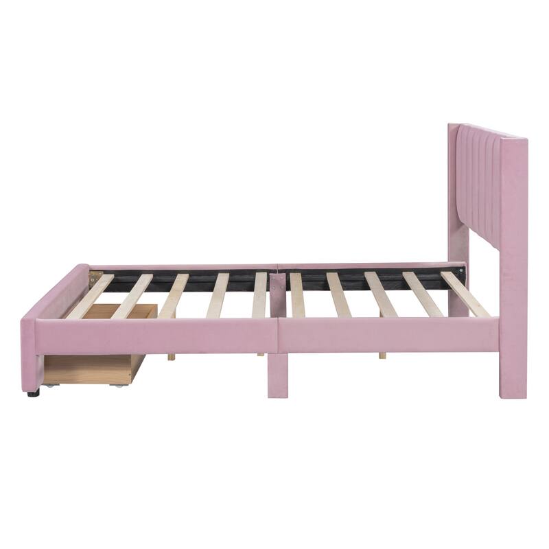 Velvet Upholstered Storage Platform Bed with a Drawer